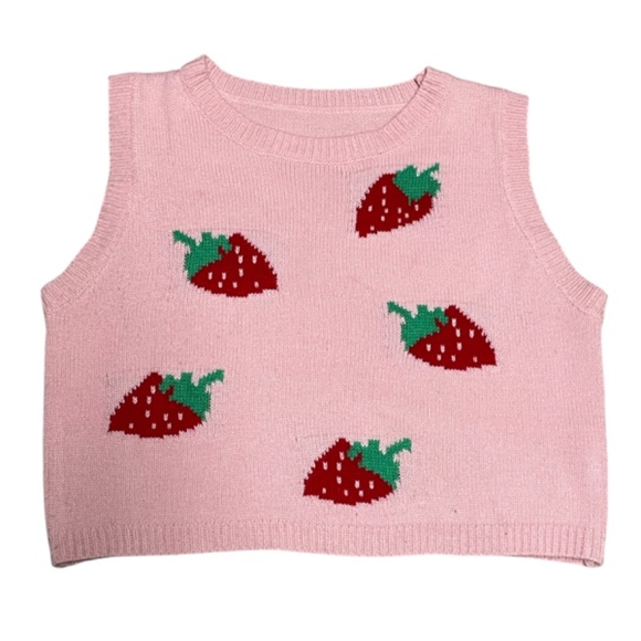 Gyaru Style Pink Strawberry Print Knit Sleeveless Top Size Large - Picture 6 of 6